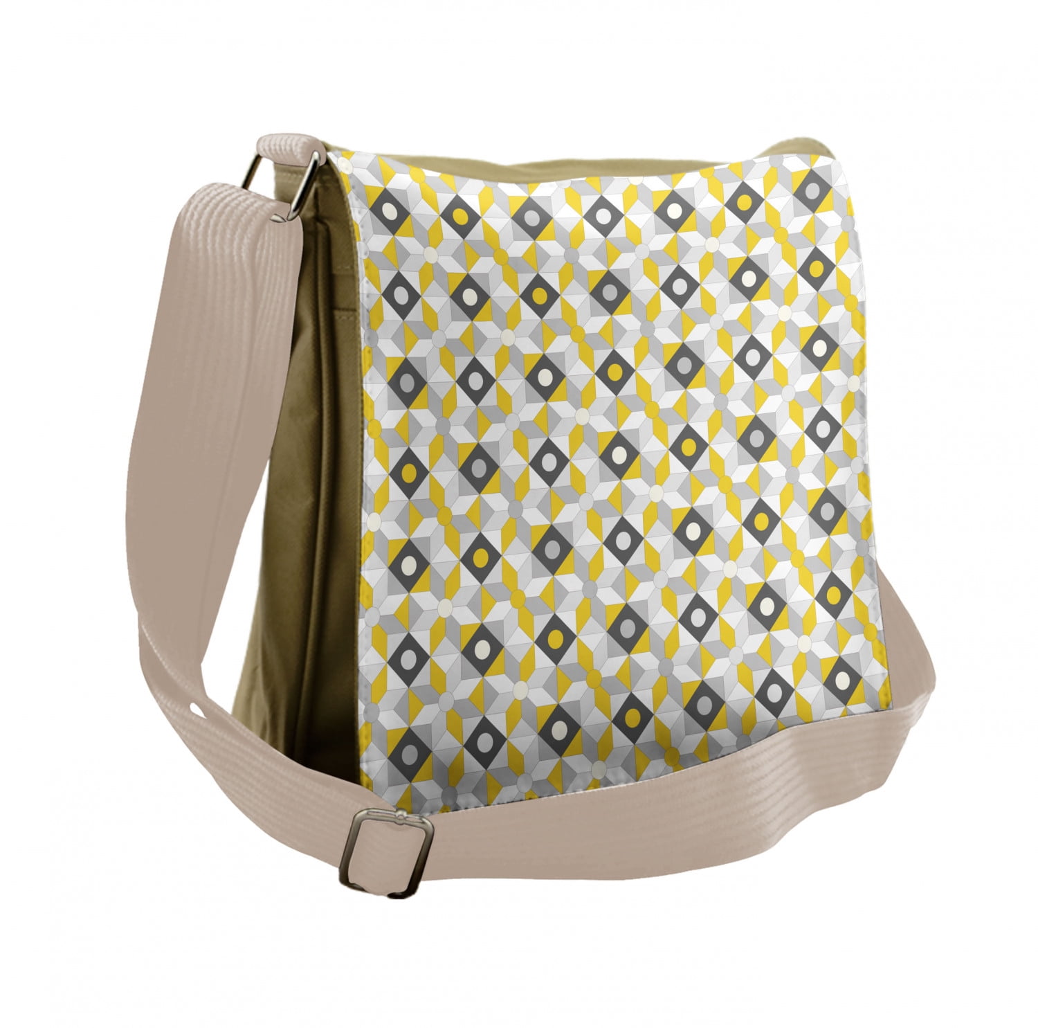 Grey and Yellow Messenger Bag, Squares Rounds, Unisex Crossbody, by