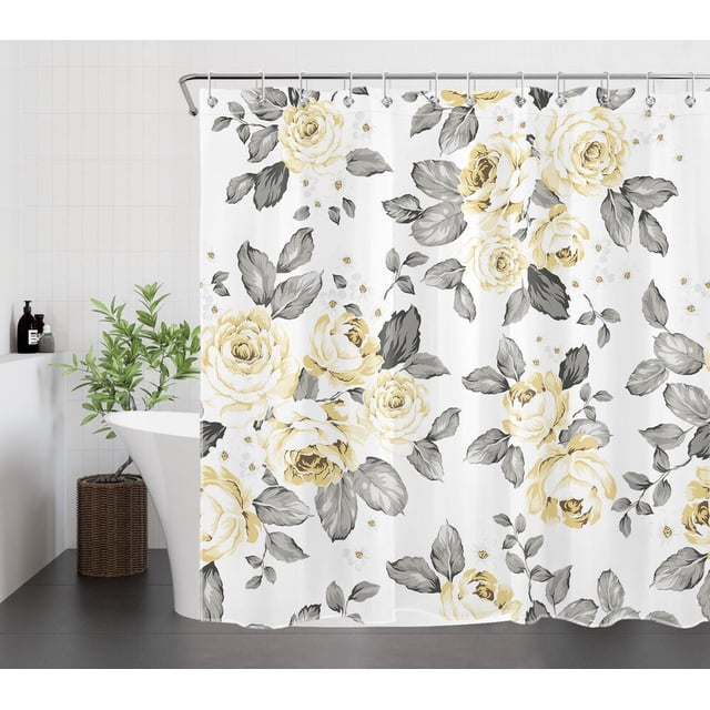 Grey and Yellow Rustic Floral Shower Curtain with Botanical Leaf