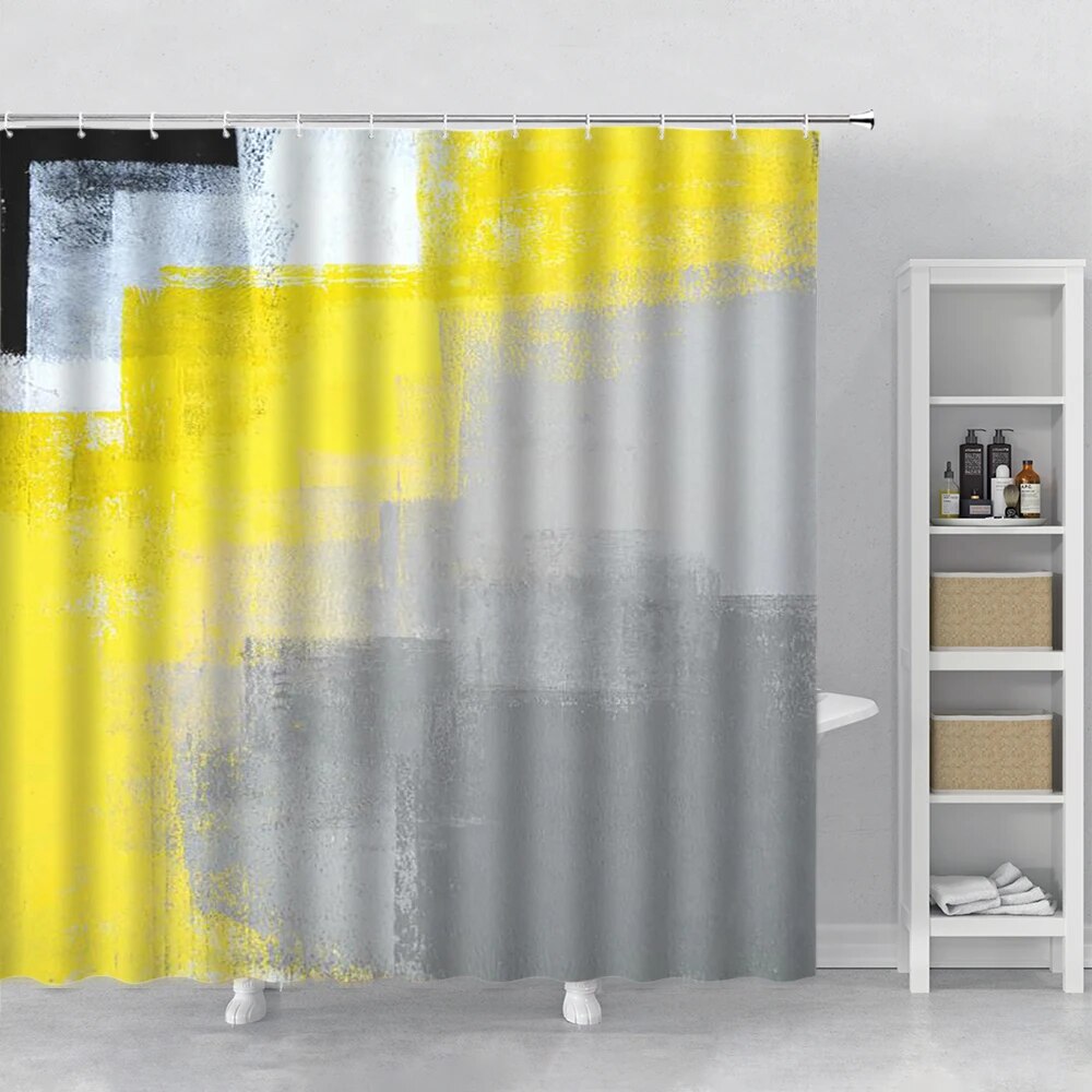 Grey and Yellow Shower Curtain Colorful Grunge Street Style Painting Brush Print Ombre Design