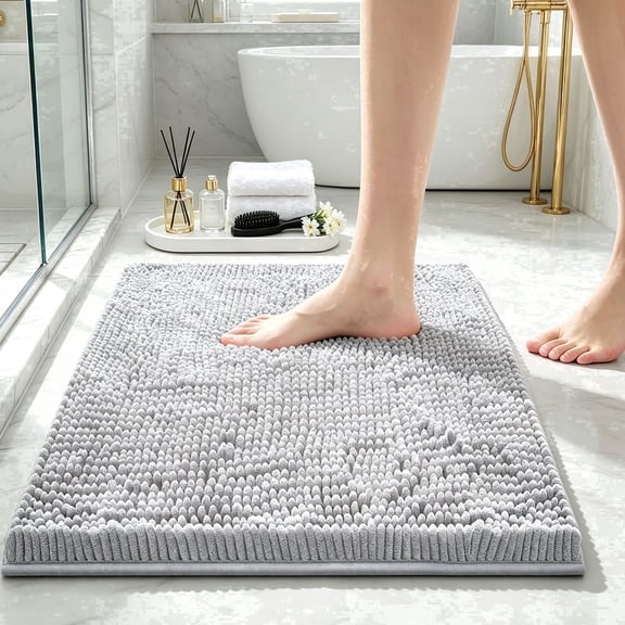 Wuscimy Bath Mat, Chenille Bathroom Rug, Ultra Absorbent Quick Dry Non-Slip Rubber Backing Machine Washable, 32" x 20", Light Gray