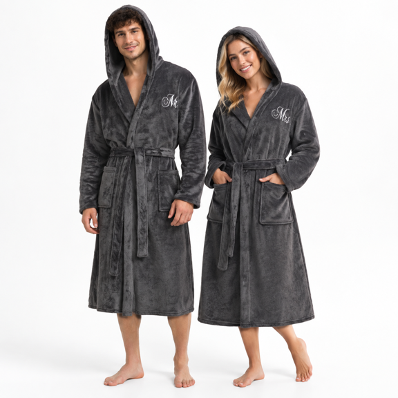 Grey-hooded One Size Unisex Fleece Couple's Bathrobe Set with Mr and Mrs Monograms
