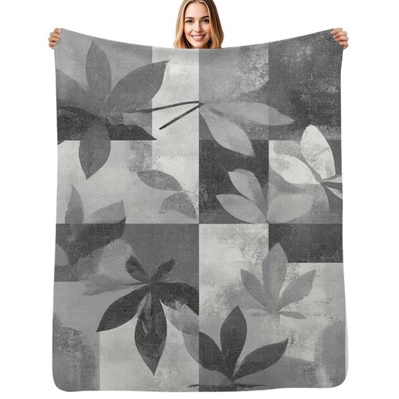 Grey leaf abstract design Soft Blanket Travel Bedding Throws Flannel Bedspread Sofa Bed Cover