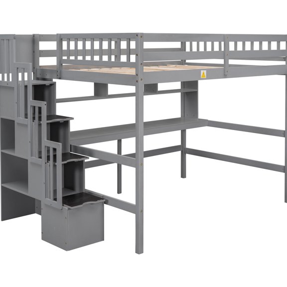 Grey loft bed, use storage to keep room organized