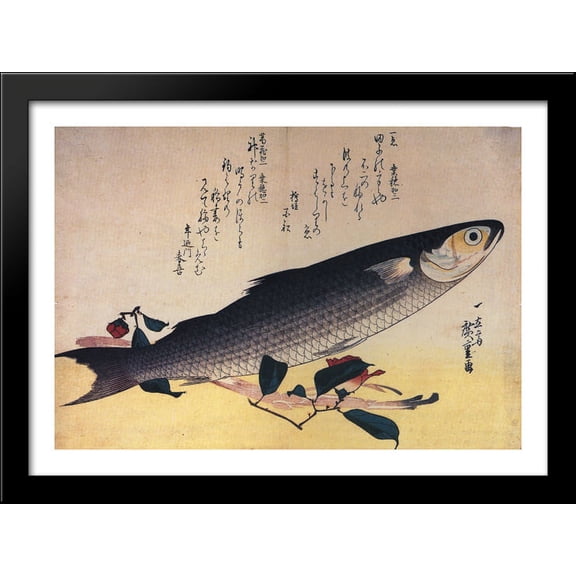 Grey mullet and camellia 38x28 Large Black Wood Framed Print Art by Hiroshige
