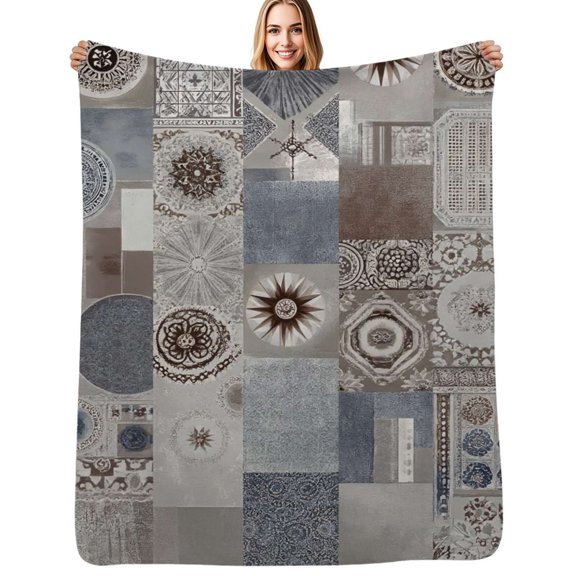 Grey patchwork textile design Flannel Blanket Warm Soft Bedding Throws Winter Camping Chair Sofa Bed