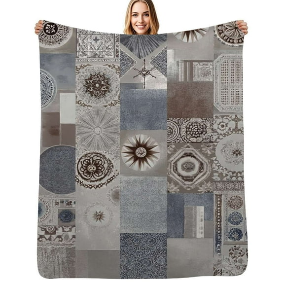 Grey patchwork textile design Soft Blanket Travel Bedding Throws Flannel Bedspread Sofa Bed Cover