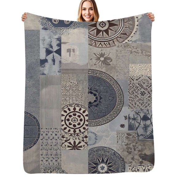 Grey patterned textile collage Flannel Blanket Warm Soft Bedding Throws Winter Camping Chair Sofa Bed