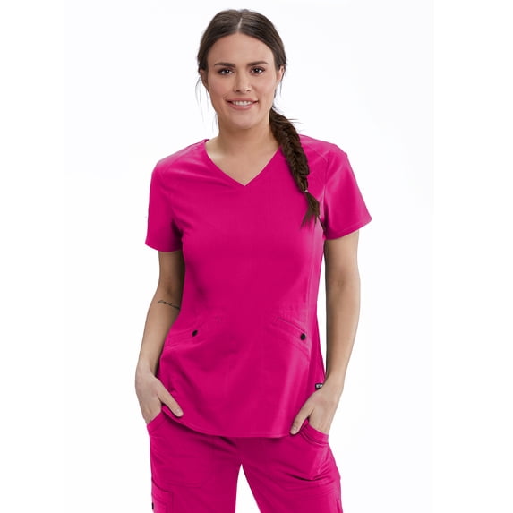 Barco Grey's Anatomy Stretch GRST013 Women's Zoe Three Pocket Surplice V-Neck Scrub Top Pink Orchid S