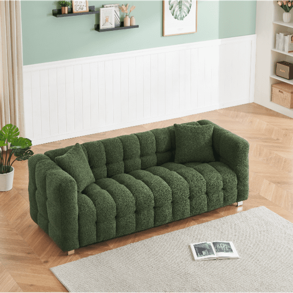 Grey teddy fleece sofa 80 inch discharge in living room bedroom with two throw pillows hardware foot support