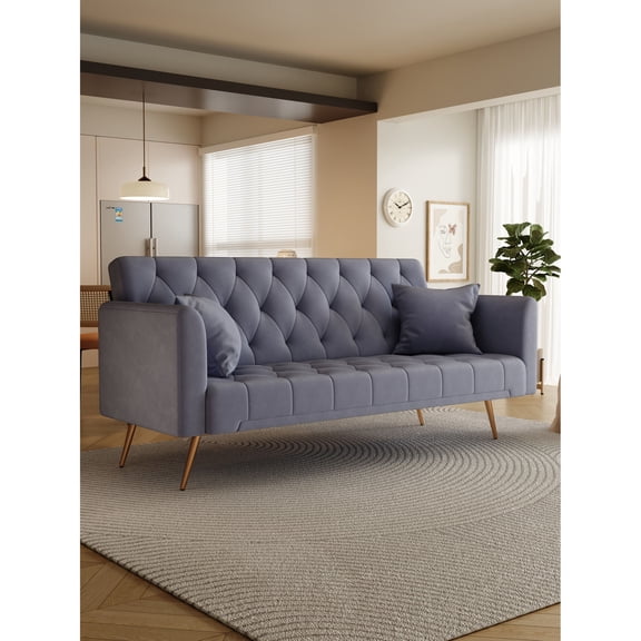 Grey velvet 71 - inch multi - function sofa bed, easy assembly, adjustable for TV or rest, in small studios