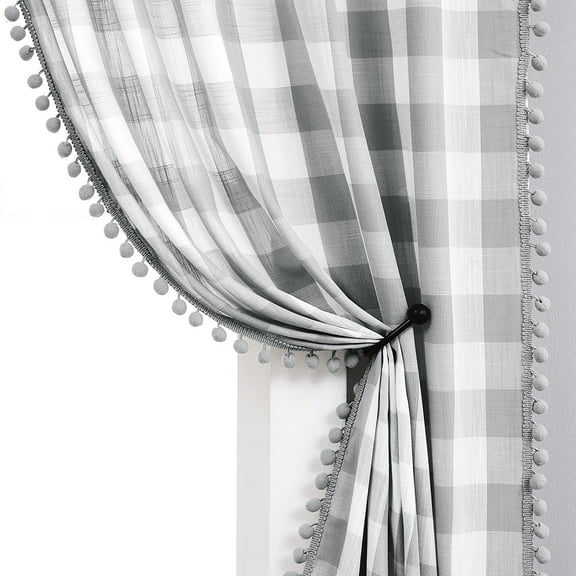 Grey-white Check Pompom Curtafor Living Room 45 Inch Length Gingham Plaid Semi Sheer Window Drapes Small Windows Country Rustic Farmhouse Decor 2pcs