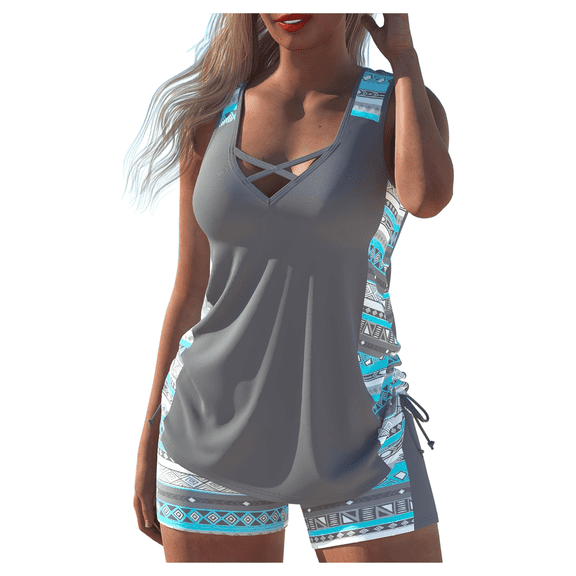 Women's Plus Size Two Piece Tankini Swimsuit Grey Turquoise Geometric Print Ruched with Swim Shorts for Beach Pool
