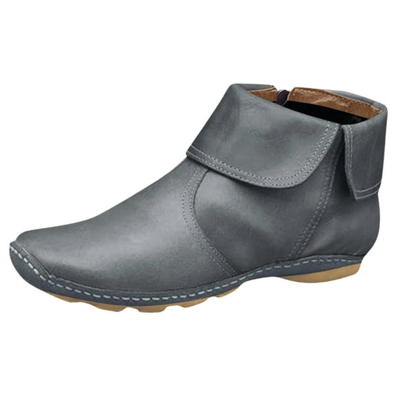 Retro Ankle Boots for Women 2025 Vintage Casual Short Boots No Heel Lace Up Leather Booties with Arch Support Slip On Flat Shoes Grey Size 8.5