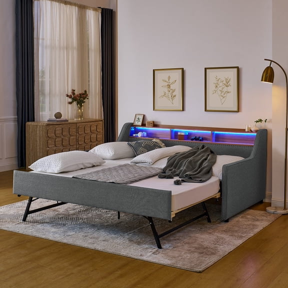GreyTwin Size Upholstery Sofa Bed with Three LED lights, with Storage Adjustable Headboard, with Foldable Leg Pull up Trundle Bed and Wireless Charging, Linen Padded Sofa Bed frame