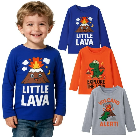 HILEELANG Toddler Boys（2Y-7Y) Shirt 3-Pack Dinosaurs Volcano Graphic Long-Sleeve Tees Winter Cotton Casual Crewneck T-Shirts Sets 4T