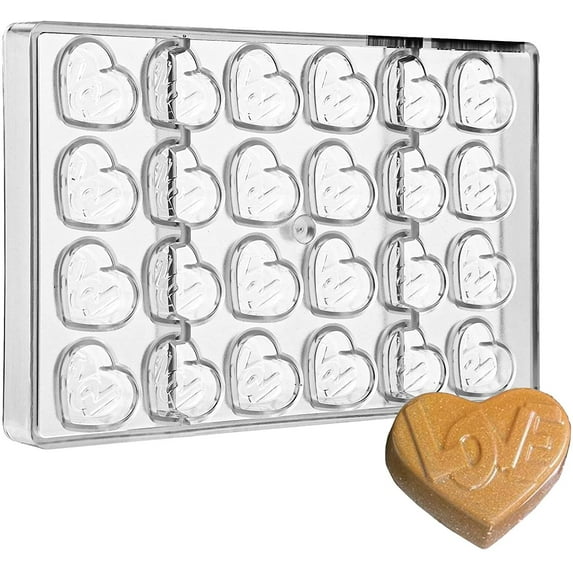 Greyas CM 3841 Louis Amado Clear Polycarbonate Chocolate Mold Candy Mould with 24 Love-Heart Cavities, Each 38mm x 32mm x 11.4mm High