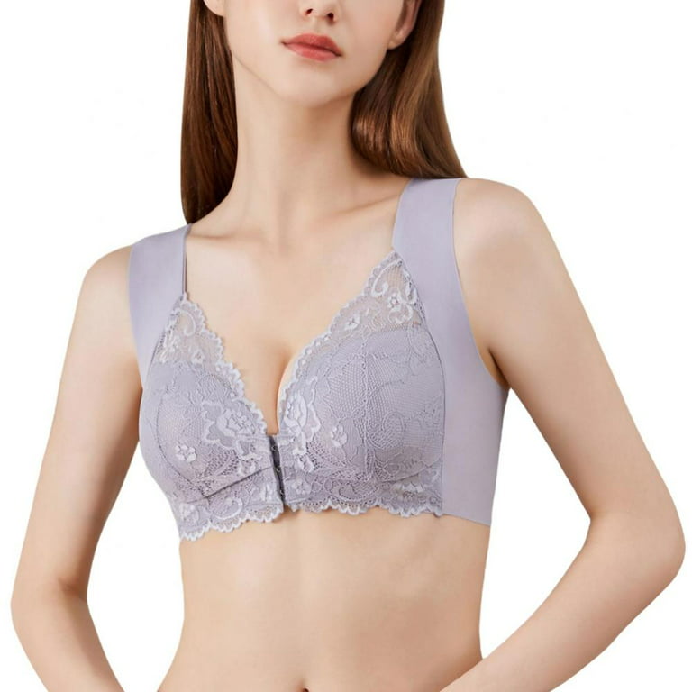 Greyghost 1Pc Women Lace Bralette Padded Wireless Bra Floral Lace Bra Front  Closure Back Smoothing Demi Bra Lace Bras Push up Thin Soft Bra Gray 3XL