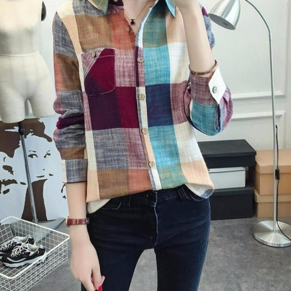 Greyghost Women Colorful Plaid Checks Long Sleeve Button Down Blouse Casual OL T-Shirt Small Size Young Women Tops