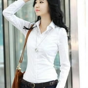 Greyghost Womens V Neck Cotton Basic Button Down Shirt Slim Fit OL Dress Shirts Blouse Tops Shirt Office Wear
