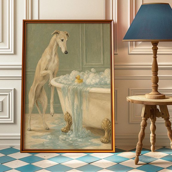 Greyhound Bubble Bath Wall Art Print, Unframed Paper Poster 8x10in