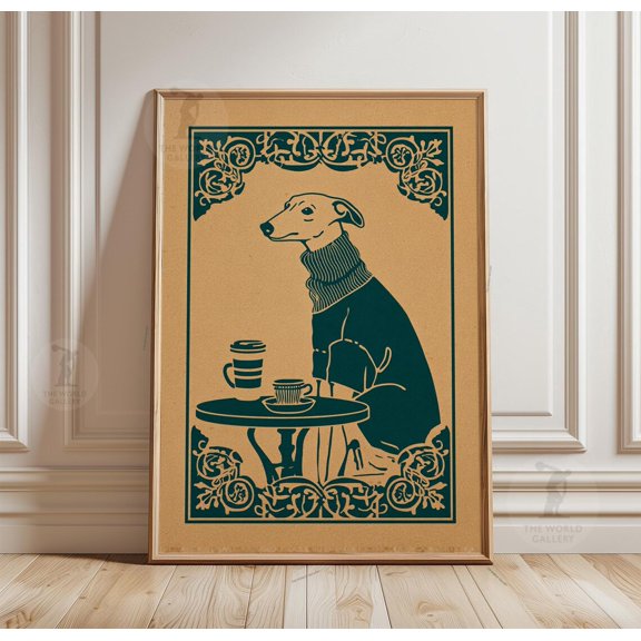 Greyhound Cafe Teal Turtleneck Dog Poster Unframed Paper Print