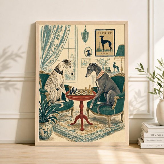 Greyhound Chess Wall Art Print, Unframed Paper Poster 8x10in