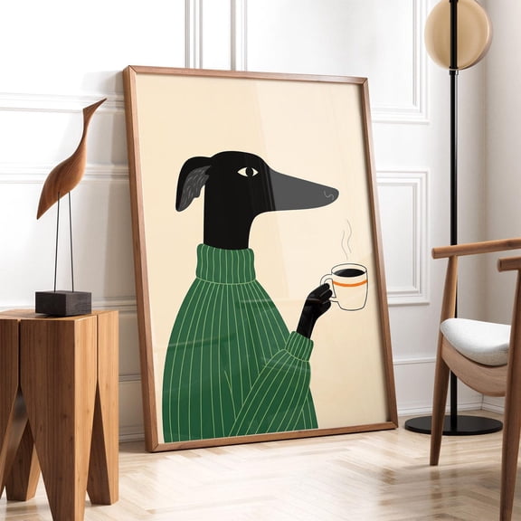 Greyhound Coffee Green Sweater Dog Art Poster Unframed Paper Print