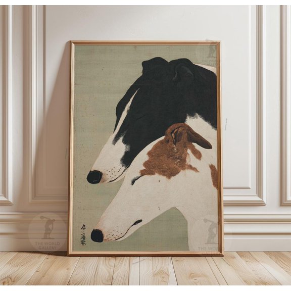 Greyhound Dog Black And White Sighthound Portrait Japanese Style Animal Poster Wall Art Print