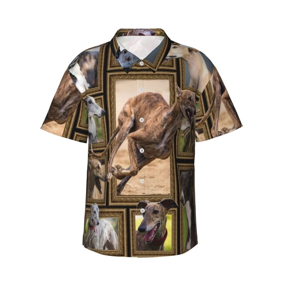 Greyhound Dog Men'S 3d Print Casual Button Down Shirts, Novelty Hawaiian Short Sleeves L