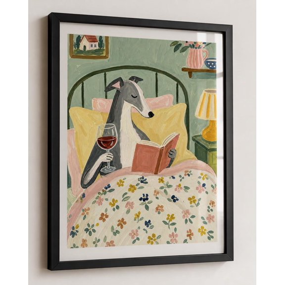 Greyhound Dog Reading Bed Cozy Lover Cottagecore Animal Portrait Decor Home Interior Gallery
