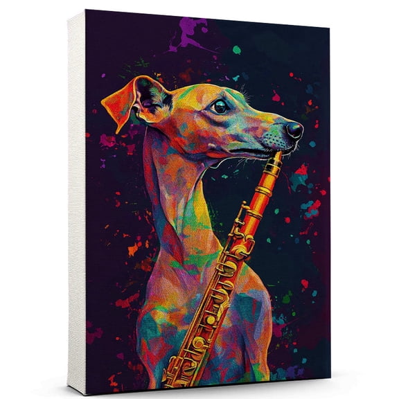 Greyhound Dog Stretched Canvas Size 8x12 Clarinet Canvas – Cute Greyhound Canvas Wall Art of Puppy Playing Clarinet, Perfect for Dog and Music Fans