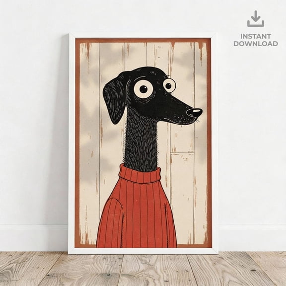 Greyhound Dog Wall Art Whimsical Black Dog Red Sweater Pet Illustration Unframed Paper Print