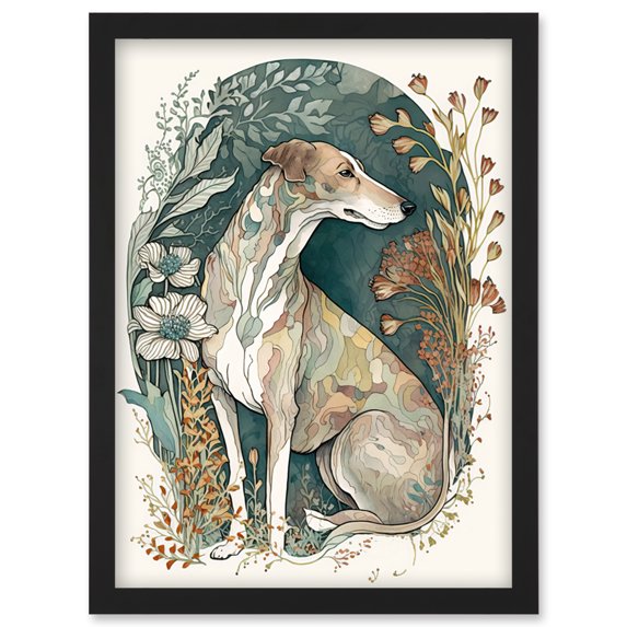 Greyhound Dog in Flower Field Modern Pastel Boho Watercolour Illustration Artwork Framed Wall Art Print A4