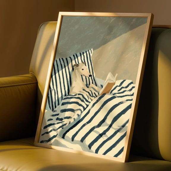 Greyhound Reading Print Funny Dog Wall Art, Dog In Bed Poster, Bookish Greyhound Illustration, Whippet Decor Gift, Calm Bedroom Pet Art UNFRAMED PAPER POSTER, Home Decor, Living Room Dercor
