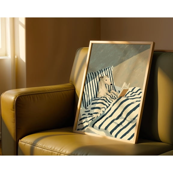 Greyhound Reading Print Funny Dog Wall Art, Dog in Bed Poster, Bookish Greyhound, Whippet Decor Gift, Calm Bedroom Pet Art, Poster Only