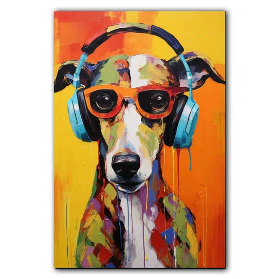 Greyhound Wall Art - Funny Dog Canvas Canvas for Kids' Room 11x17inch - Colorful Puppy with Earphone Pictures Framed Ready to Hang