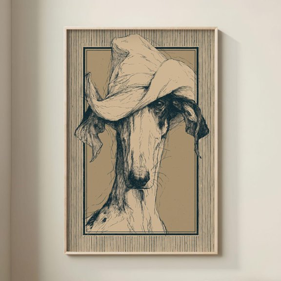 Greyhound Wearing Fedora Rustic Animal Print, Unframed Paper Print