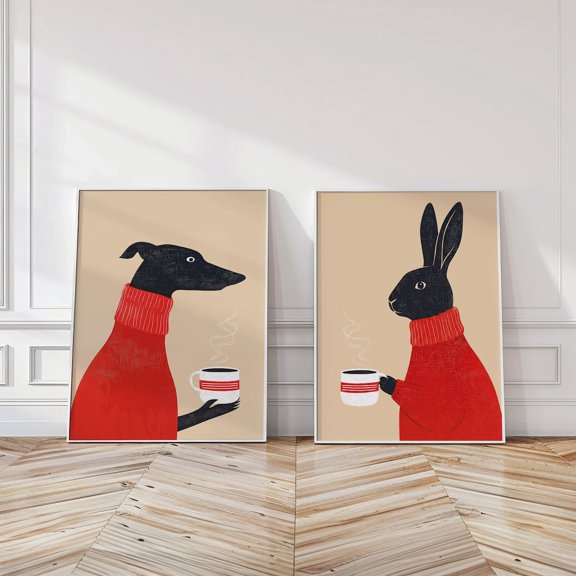 Greyhound and Rabbit Coffee Art Whimsical Animal Kitchen Decor Set 2 Unframed Paper Print 20x30
