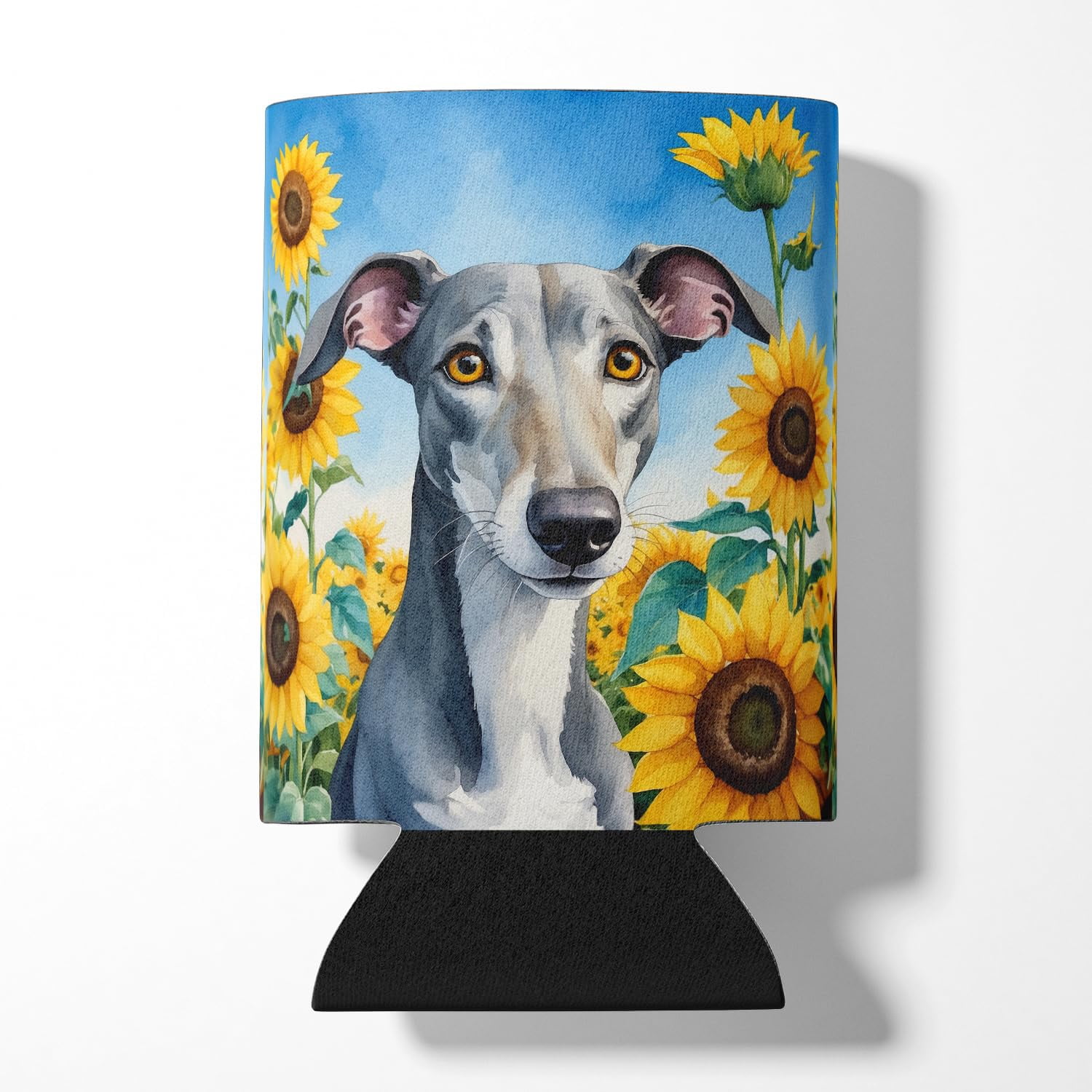 Greyhound in Sunflowers Can or Bottle Hugger 3 in x 5 in