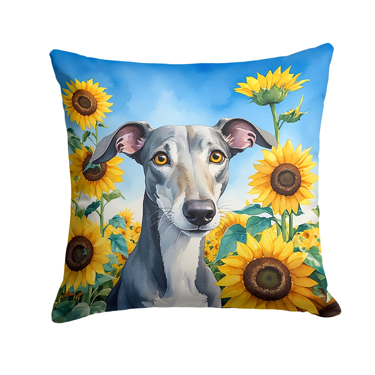 Greyhound in Sunflowers Throw Pillow 18 in x 18 in