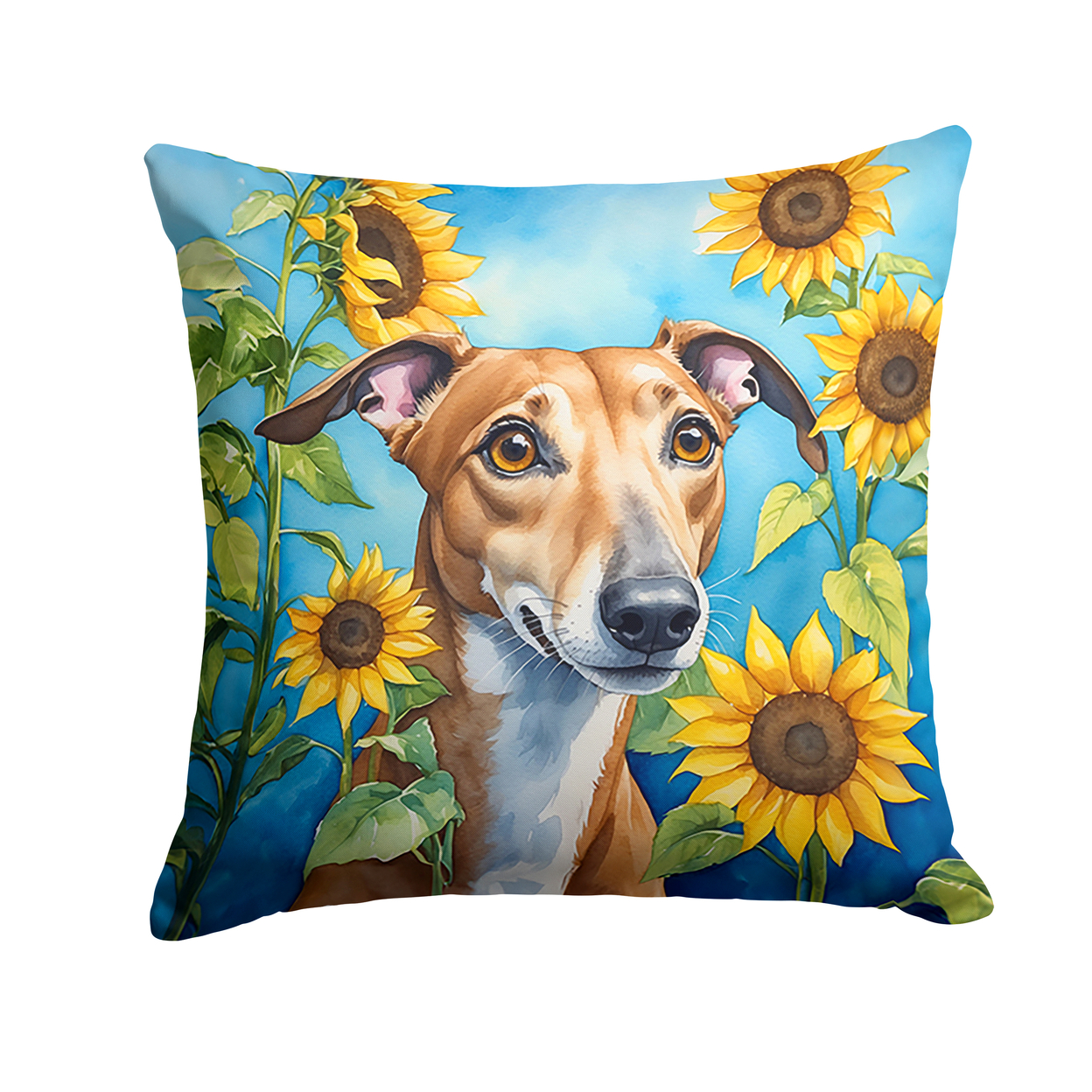 Greyhound in Sunflowers Throw Pillow 18 in x 18 in