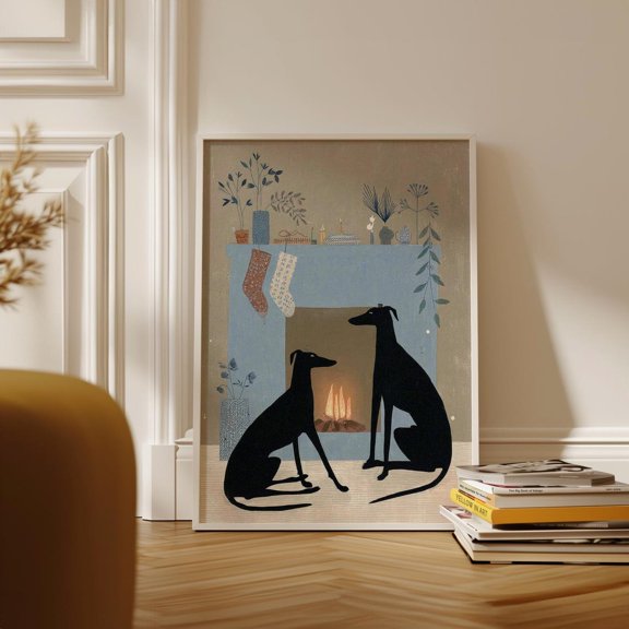 Greyhounds by Fireplace Cozy Interior Soft Blue Tones Animal Art Print Unframed Paper Print