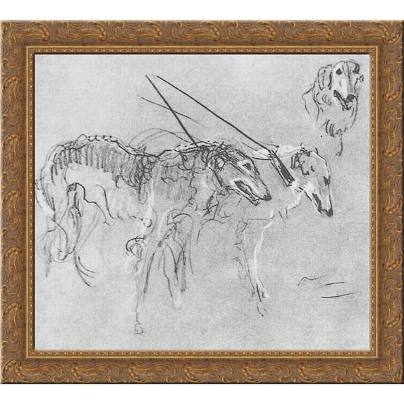 Greyhounds royal hunting 24x20 Gold Ornate Wood Framed Canvas Art by Valentin Serov