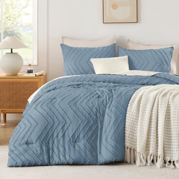Greyish Blue Comforter Set Queen Size Boho Soft Warm Tufted Bedding Comforter Sets for Queen Size Bed 3 Pieces Aesthetic Chevron Farmhouse Cute Bohemian Textured Bed Set
