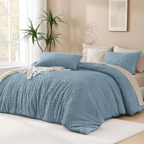 Greyish Blue Oversized King Comforter 128''x120'', 3 Pieces Soft Boho Bedding Set & Collections, Farmhouse Tufted Fluffy Shabby Chic Bed Set for All Seasons (1 Comforter, 2 Pillowcases)