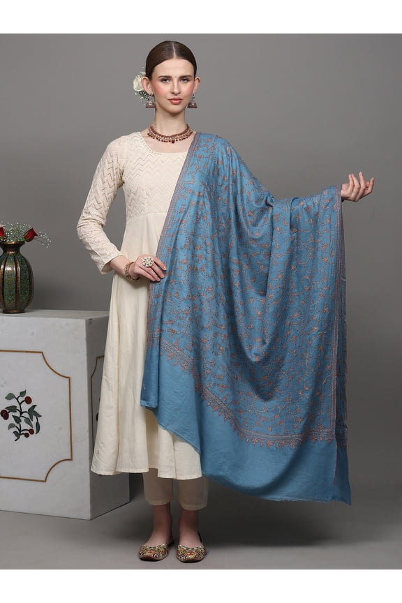 Greyish Blue Pashmina Phool Bail Sozni Shawl - Hand-Embroidered Floral