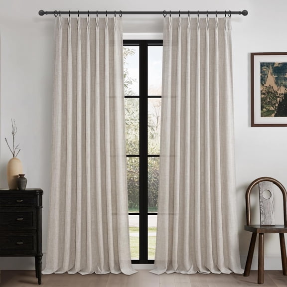 Greyish Brown Thick Linen 104 Inch High Ceiling Curtains For Classroom Memory Shape Pinch Pleated Semi Sheer Light Filtering Curtain Elegant Windows Drapes 2 Panels Set With Hooks & Rings