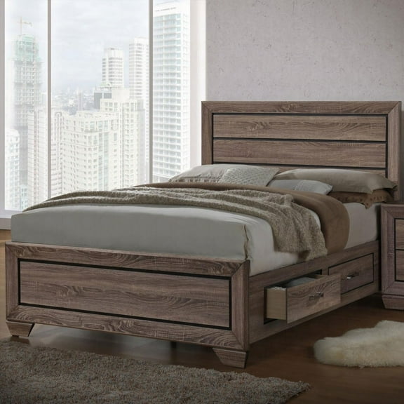 Queen Size Asian Hardwood Storage Bed Frame with Washed Taupe Finish (No Box Spring Needed for Master Bedroom)