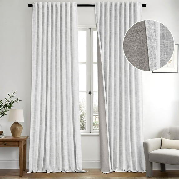 Greyish White 100% Blackout Linen Curtains 120 Inch 2 Panels Set Double Sided No Coating Pinch Pleated Back Tab Black out 10 FT Extra Long Thermal Insulated Bedroom Living Room Darkening Drapes