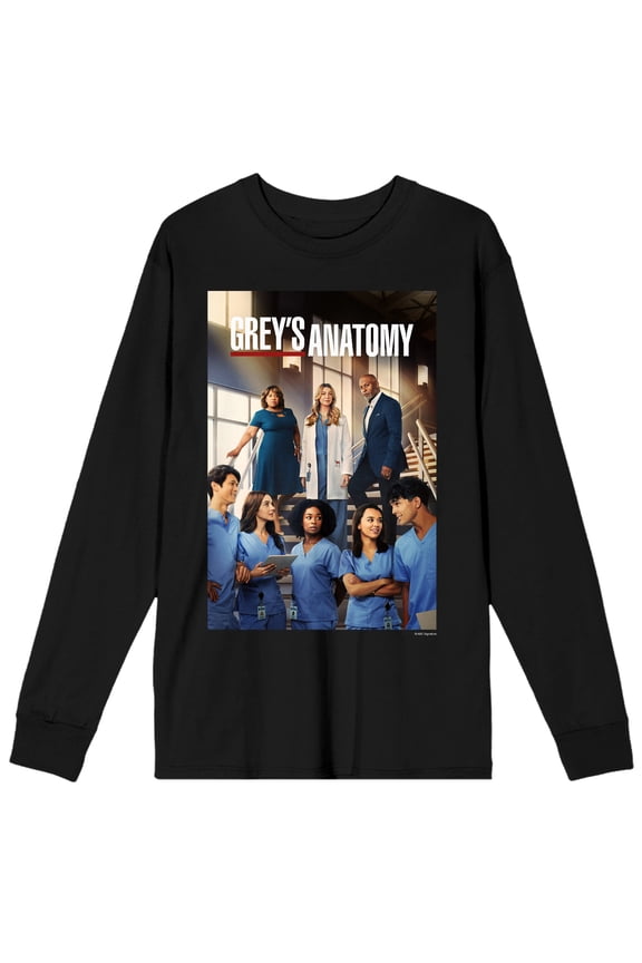 Greys Anatomy Begin Again Cast Poster Crew Neck Long Sleeve Black Adult Tee-Medium